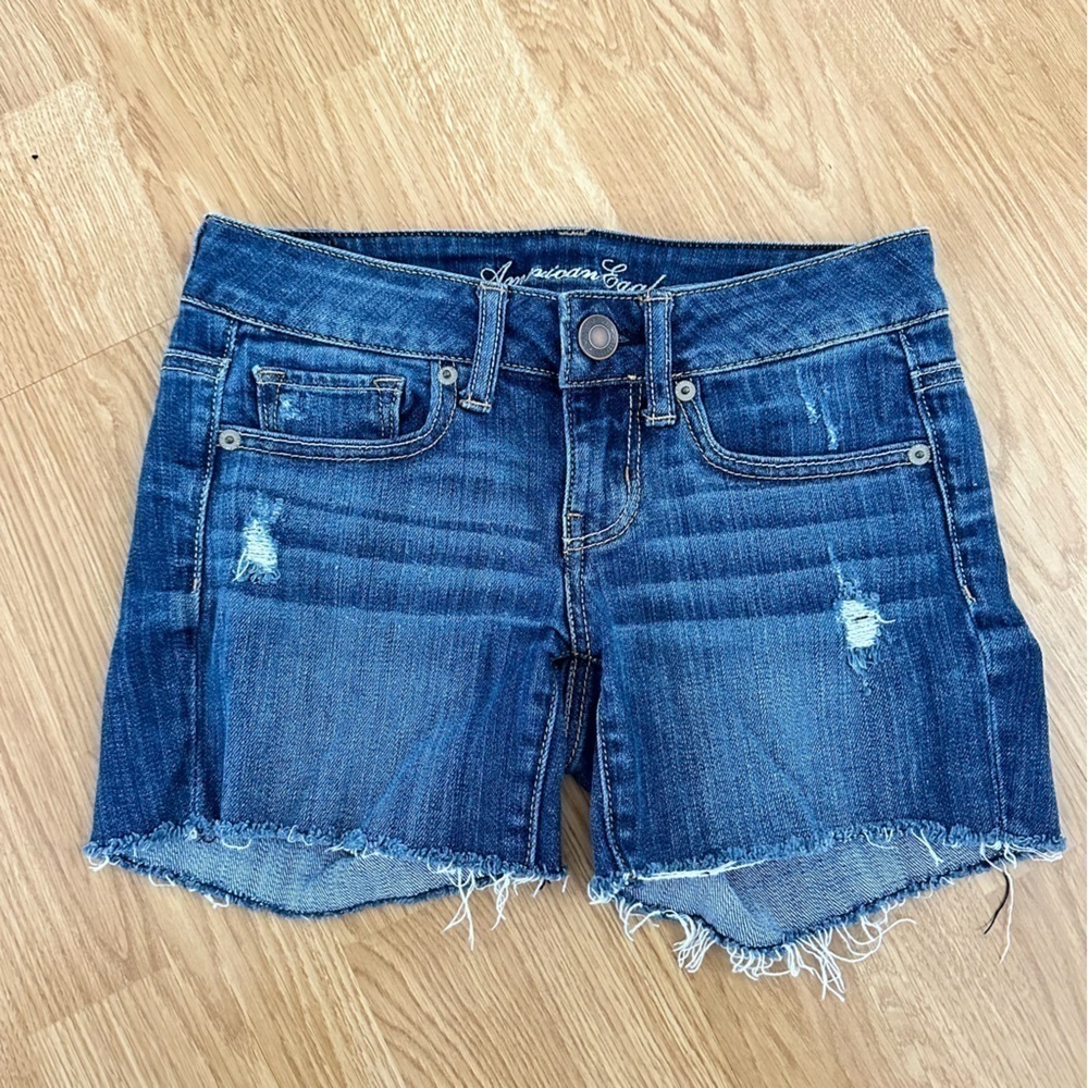 American Eagle Outfitters Dark Blue Distressed Denim Jean Shorts